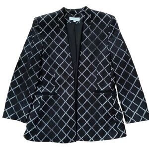 Katherine Kelly Eyelet Grid Open Front Long Blazer Jacket Black White Size 6